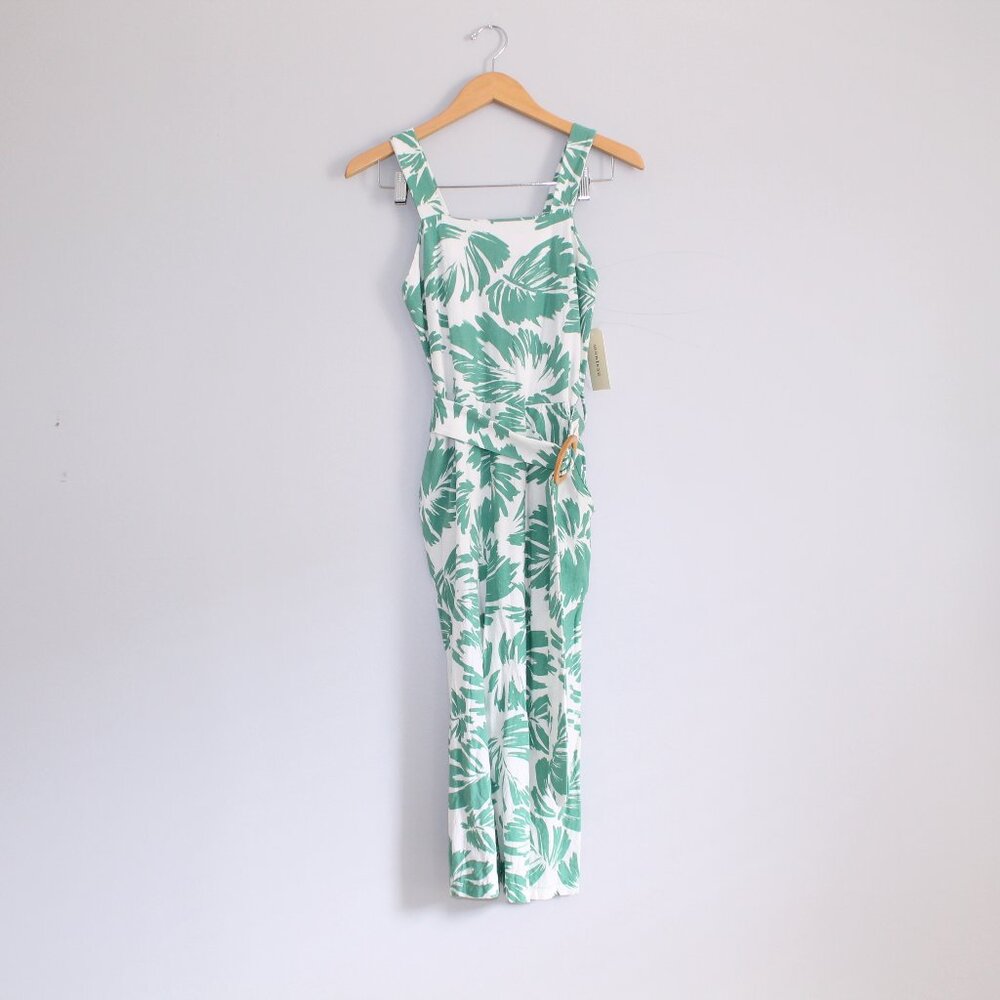 NWT Monteau Green and Cream Tropical Print Linen Jumpsuit Sz XS